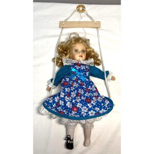 Vintage Porcelain Marionette Doll With Blonde Curly Hair & Blue Floral Dress